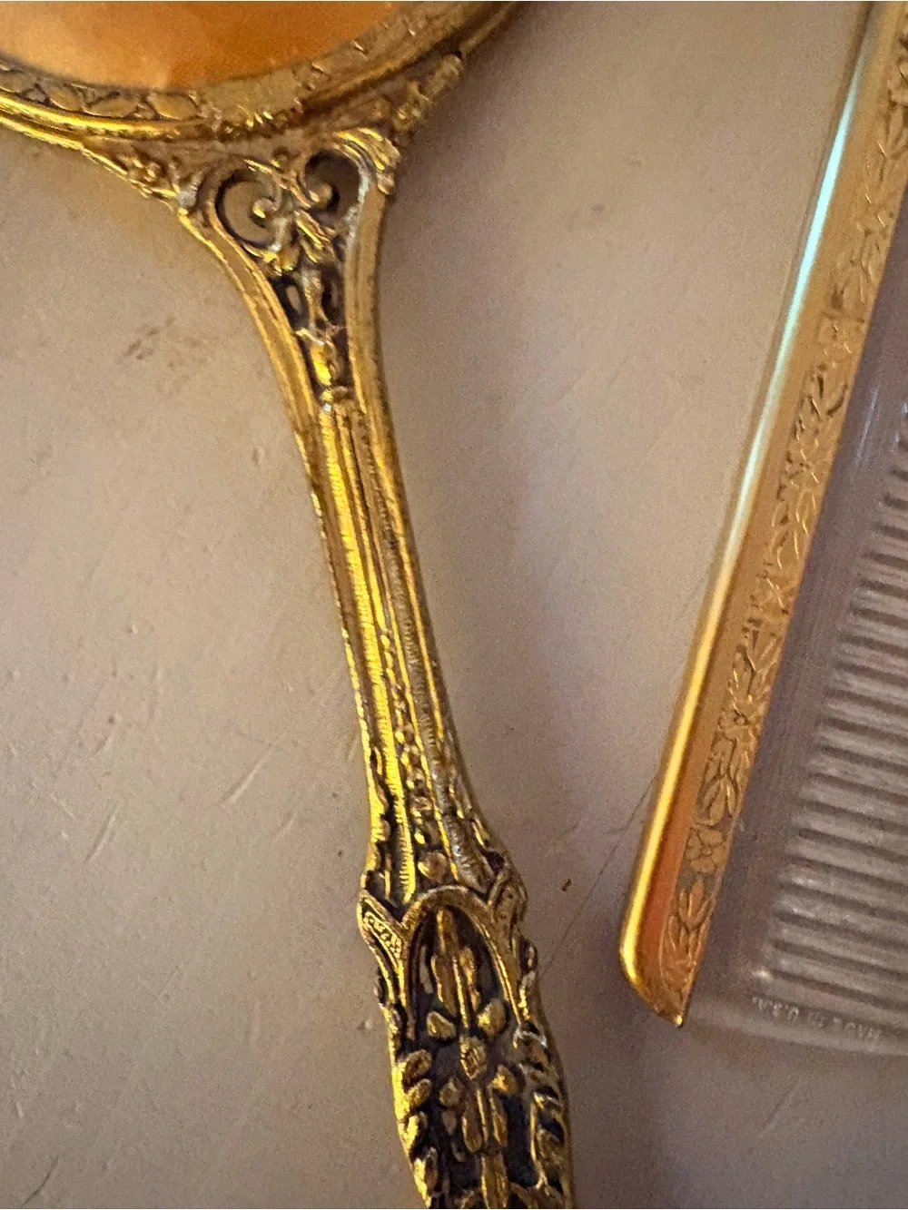 VTG Globe 24K Gold Plated Vanity Set Hand Mirror, Brush, Comb -Hollywood Regency